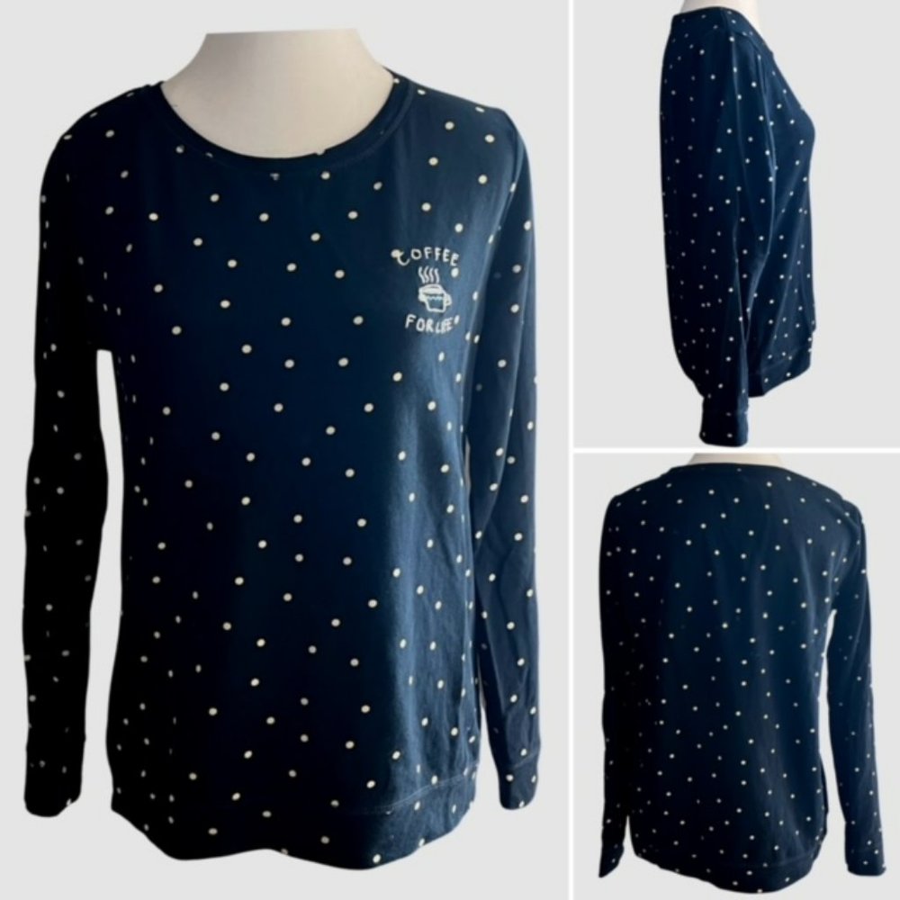 stradivarius Coffee For Life Sweatshirt Blue & Cream Polka Dot Pattern-Size M